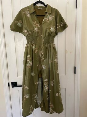Entro Olive Green Floral Zip Front Midi Dress size L Cotton